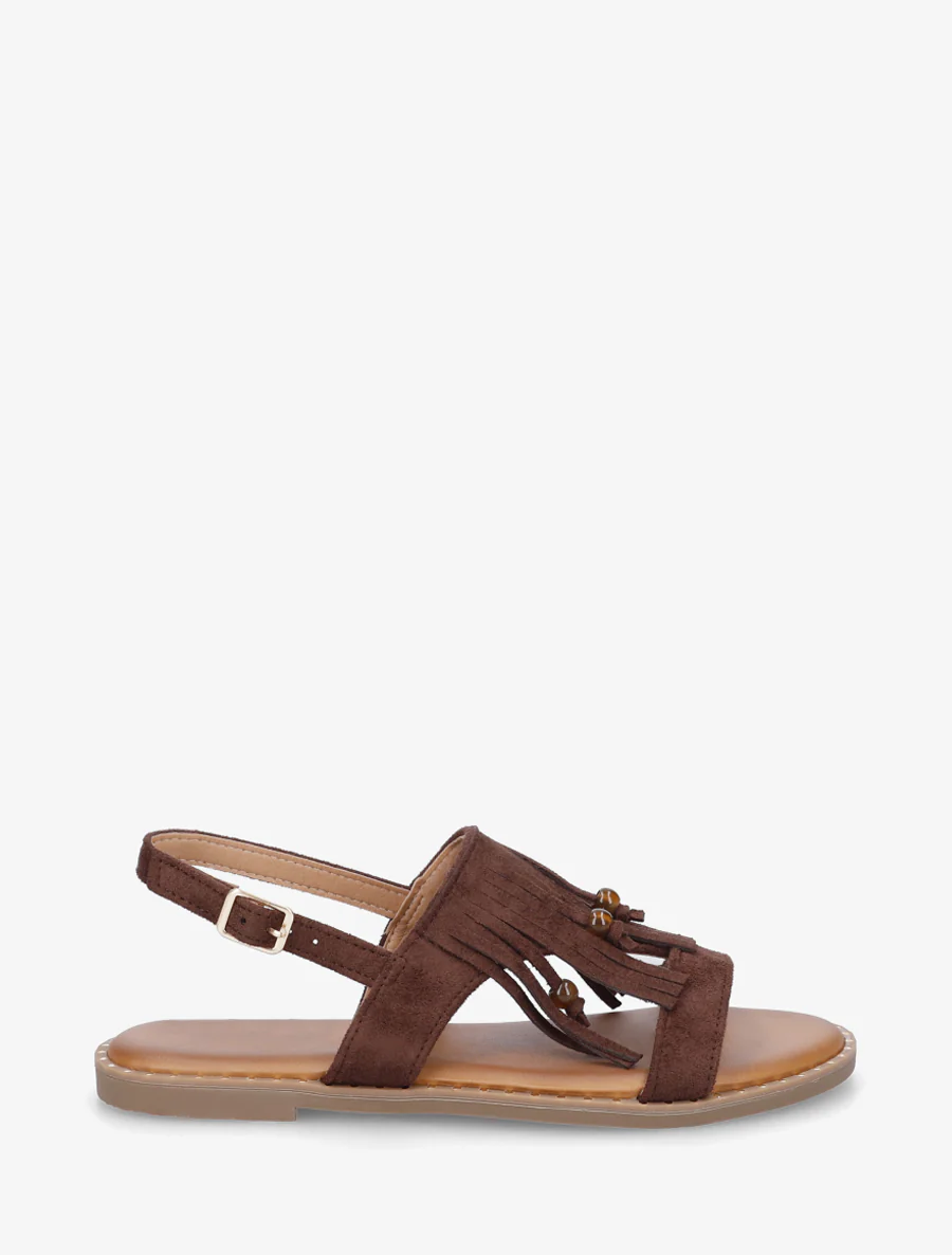 Nu-pieds en suédine à franges et perles - Marron