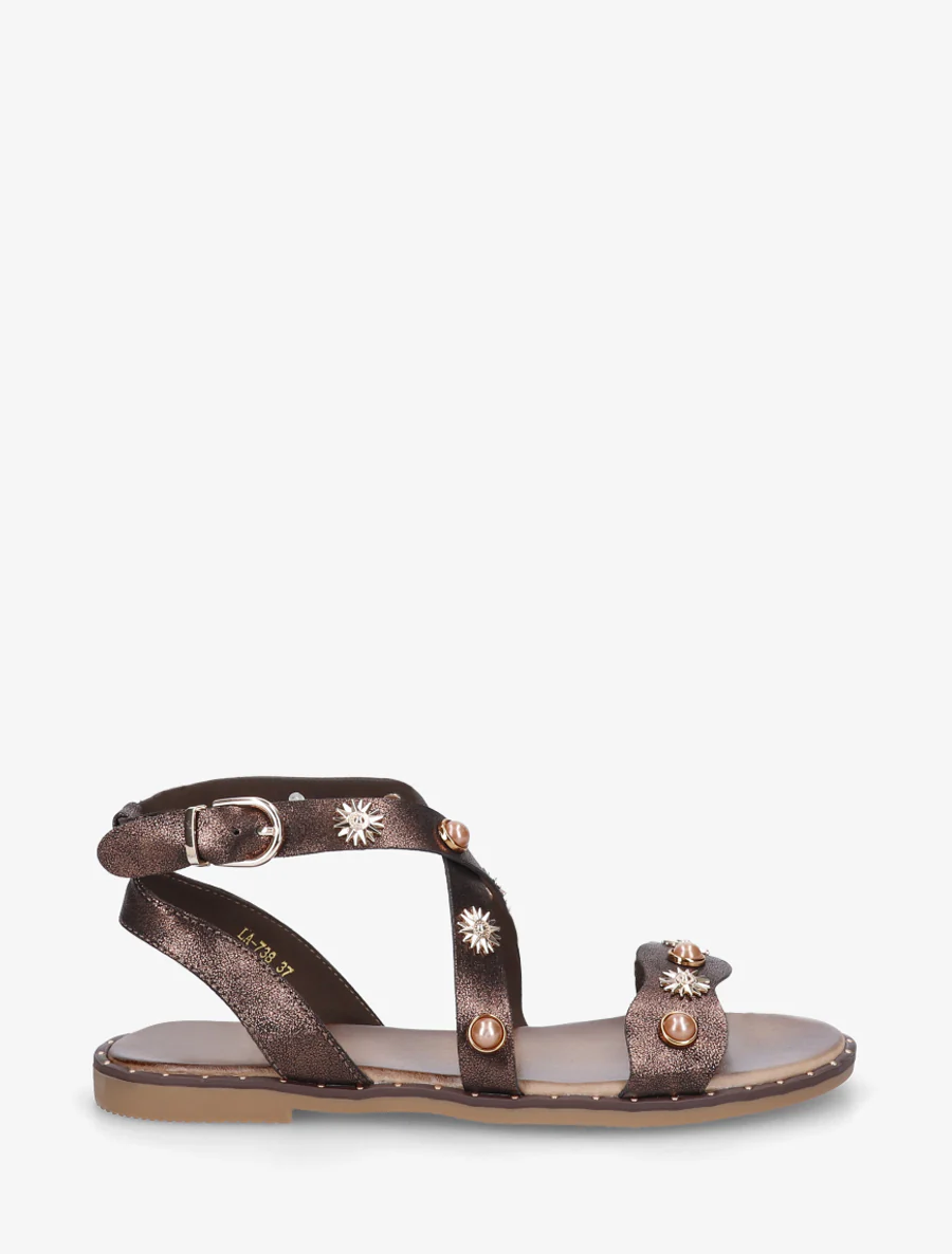 Nu-pieds strassés à semelle plate cloutée - Marron