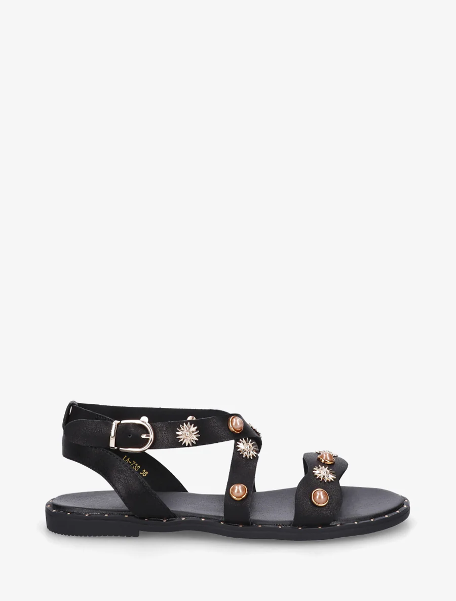 Nu-pieds strassés à semelle plate cloutée - Noir