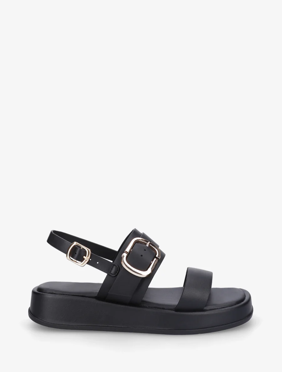Nu-pieds uni en simili à double boucles - Noir