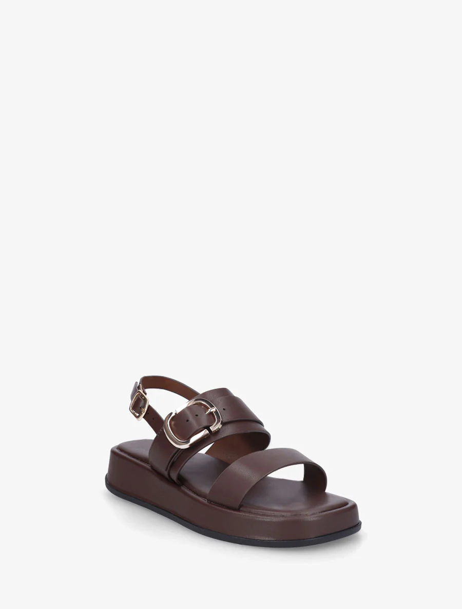 Nu-pieds uni en simili à double boucles - Marron - Image 2