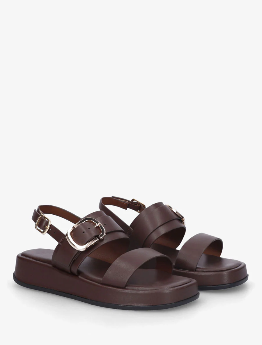 Nu-pieds uni en simili à double boucles - Marron - Image 4