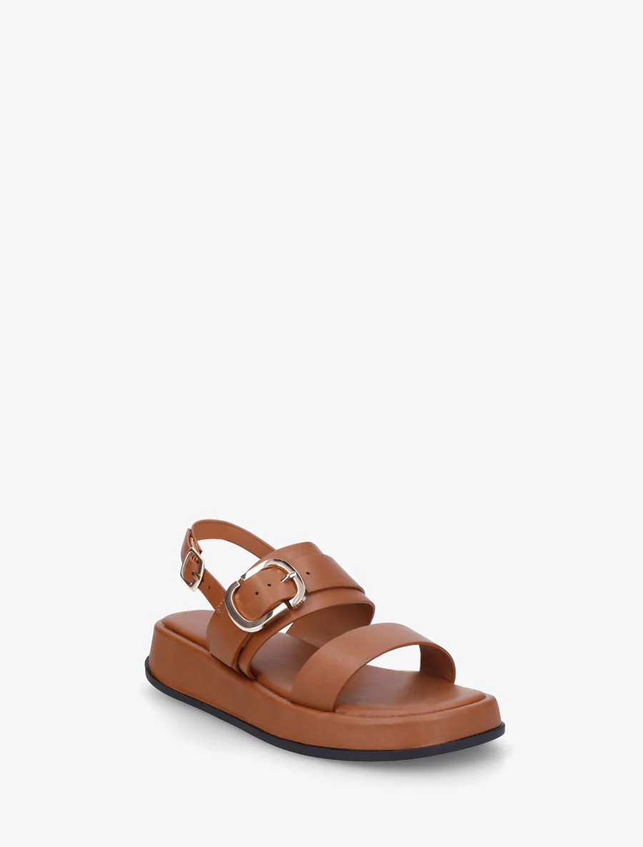 Nu-pieds uni en simili à double boucles - Camel - Image 2