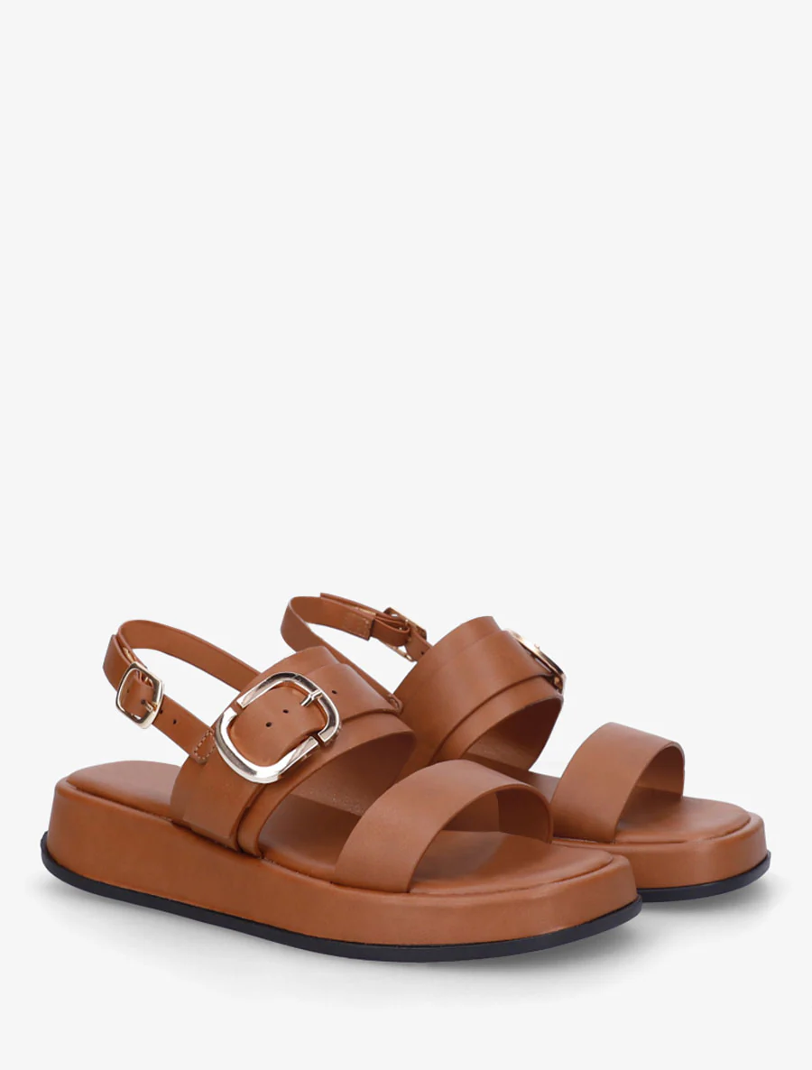 Nu-pieds uni en simili à double boucles - Camel - Image 4