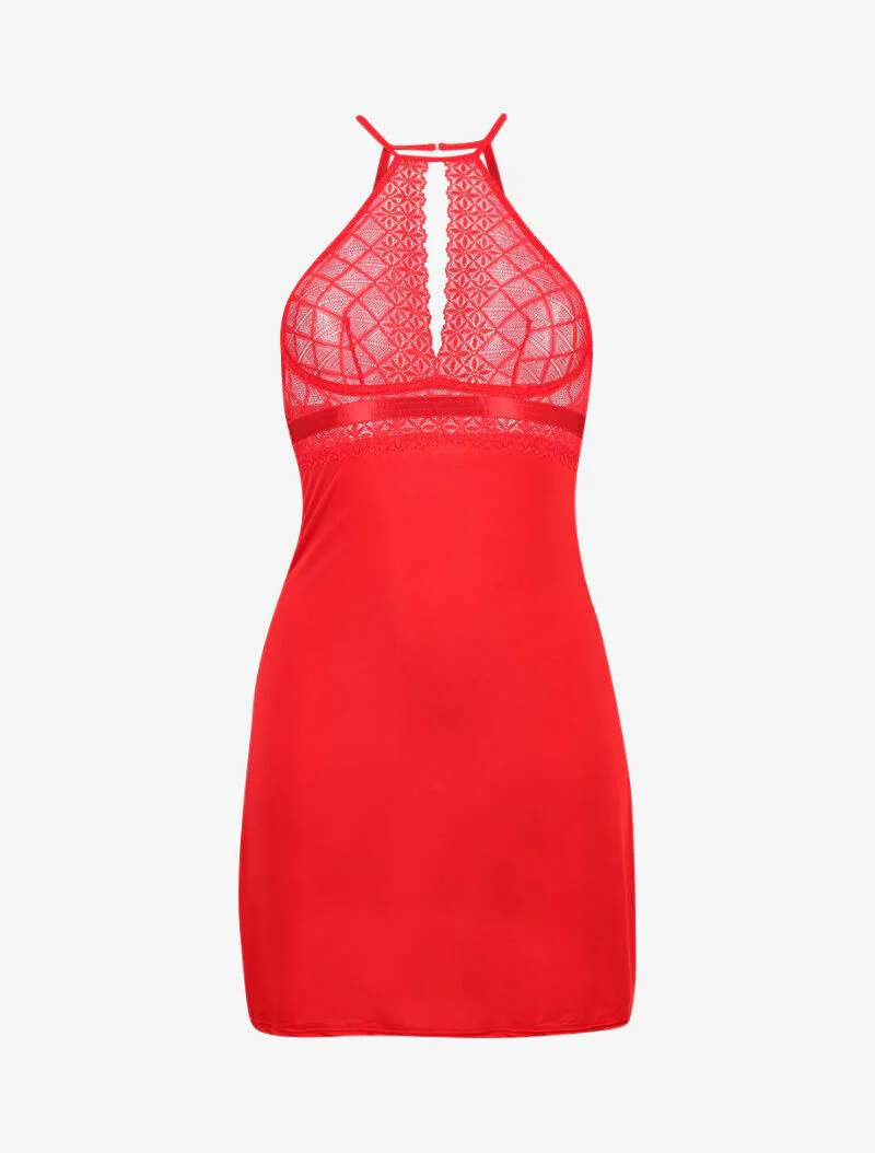Nuisette à col américain en dentelle ajourée - rouge