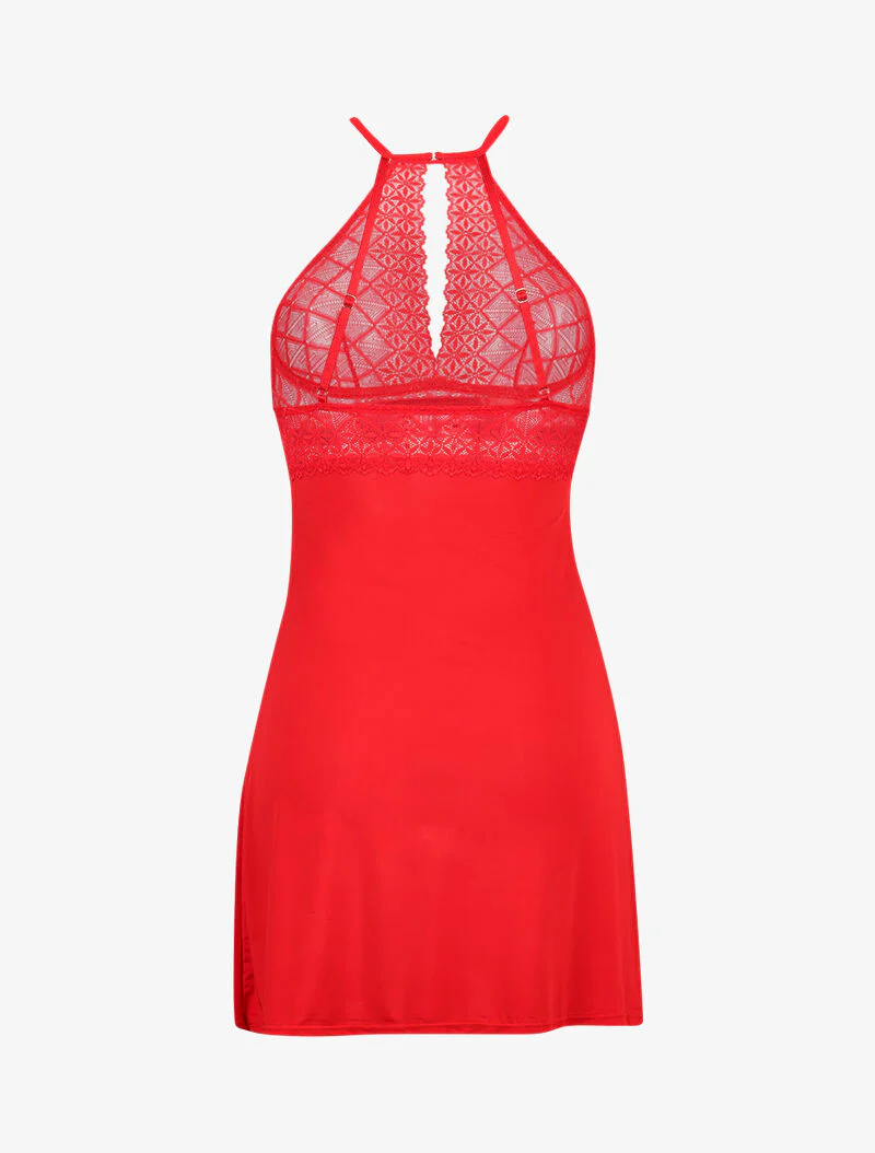 Nuisette à col américain en dentelle ajourée - rouge - Image 2