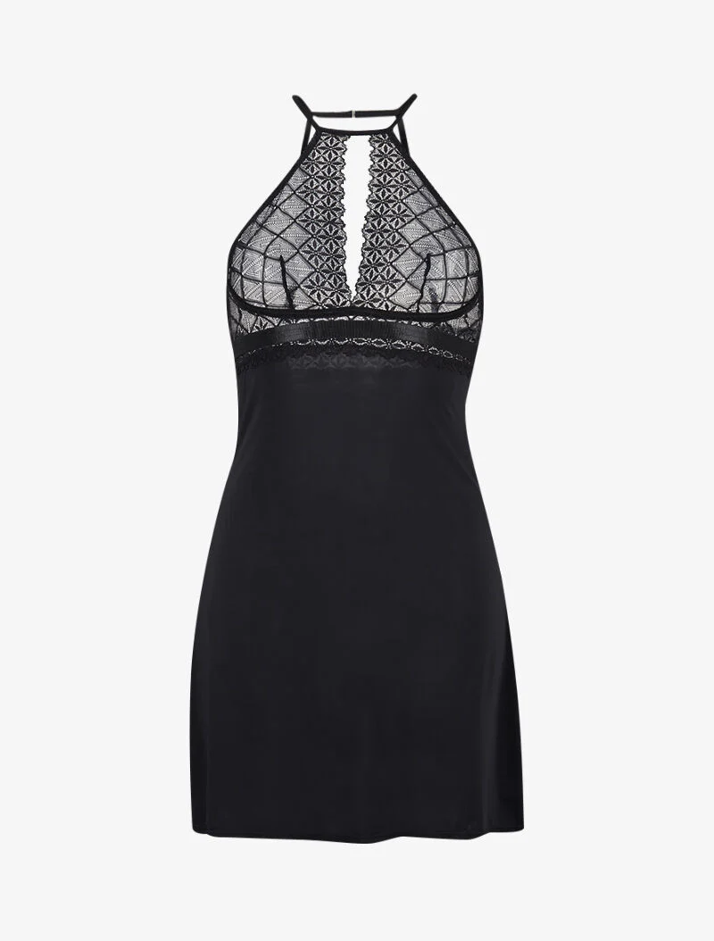 Nuisette à col américain en dentelle ajourée - noir