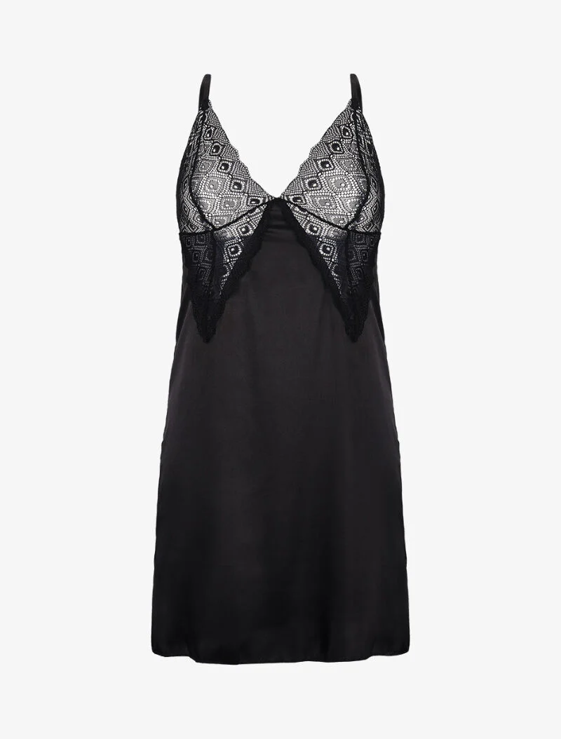 Nuisette à poitrine en losange dentelle ajourée - noir