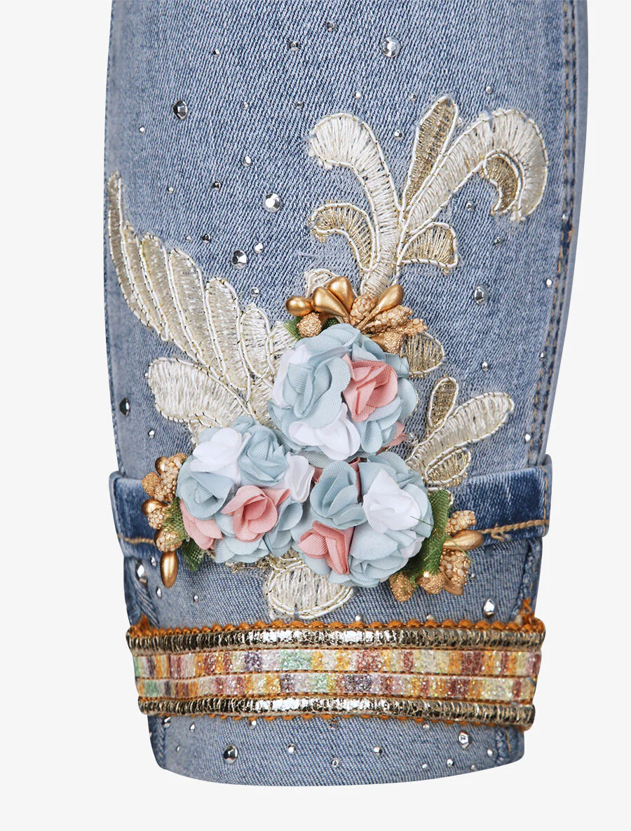 Pantacourt slim à revers orné de broderies et de sequins - Bleu clair - Image 3