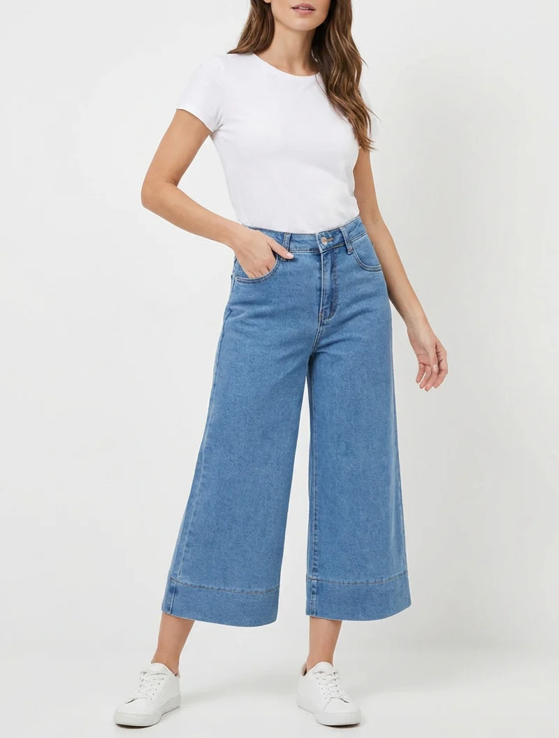 Pantacourt wide leg en jean - Bleu - Image 4