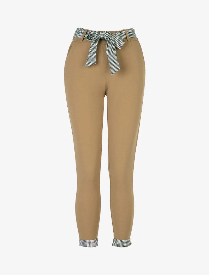 Pantalon 7/8 à ourlets pied de poule - taupe