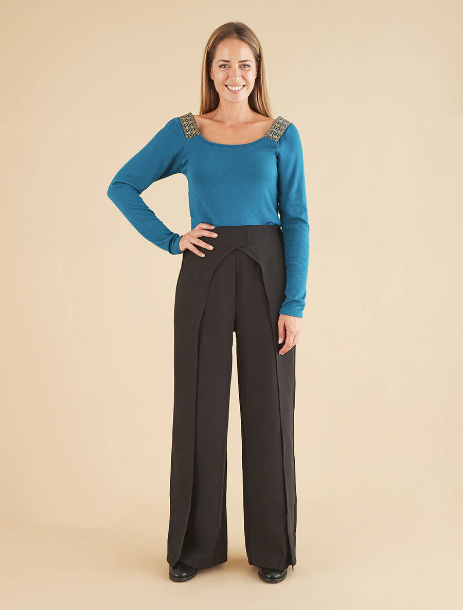 Pantalon à large pans superposés - Noir - Image 4