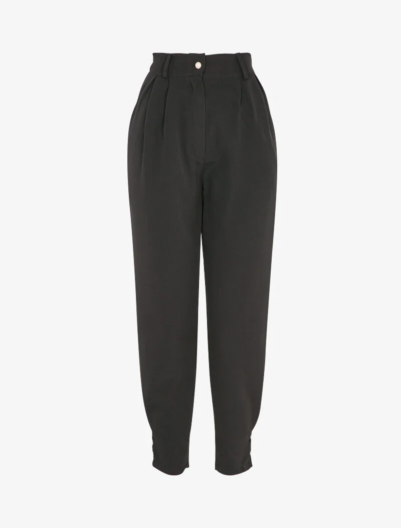 Pantalon à taille empire et chevilles à boutons décoratifs - Noir
