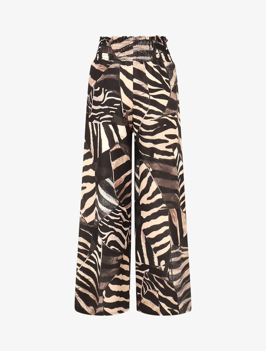 Pantalon à taille haute élastiquée imprimé animal - Beige - Image 2