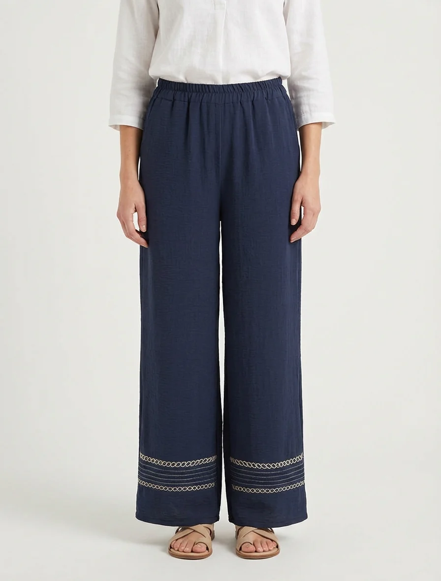 Pantalon ample à bords brodés - Marine - Image 4
