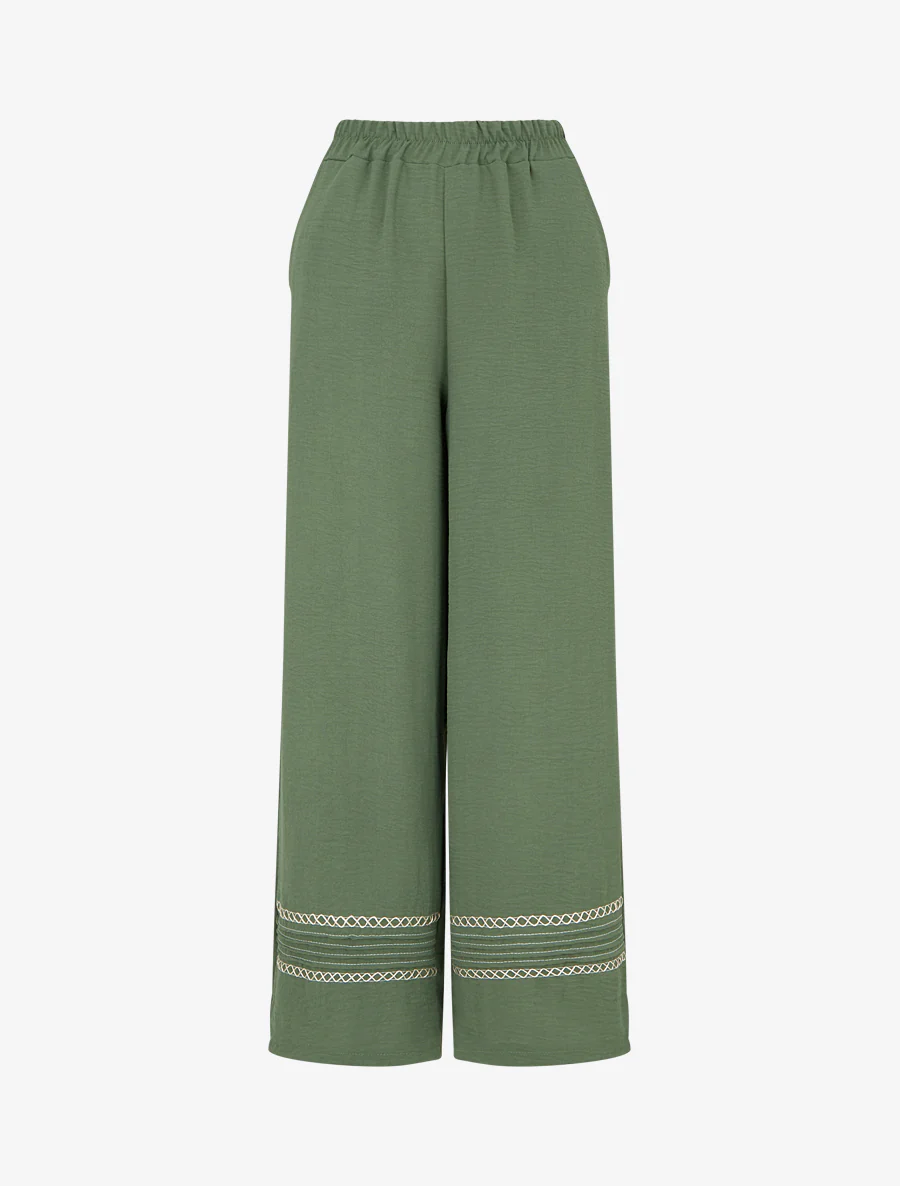 Pantalon ample à bords brodés - Kaki