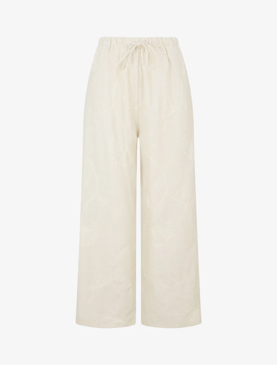 Pantalon ample à broderies florales - Beige