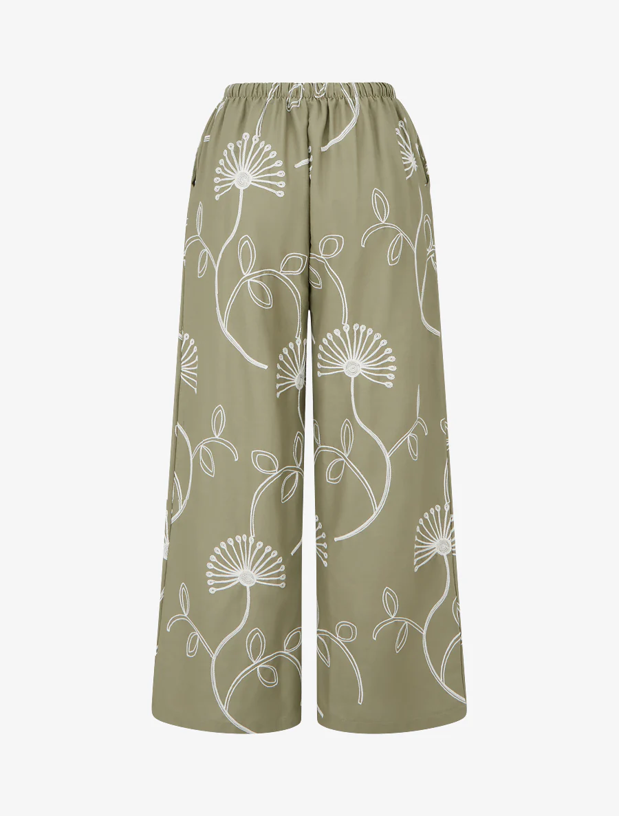 Pantalon ample à broderies florales - Kaki - Image 2
