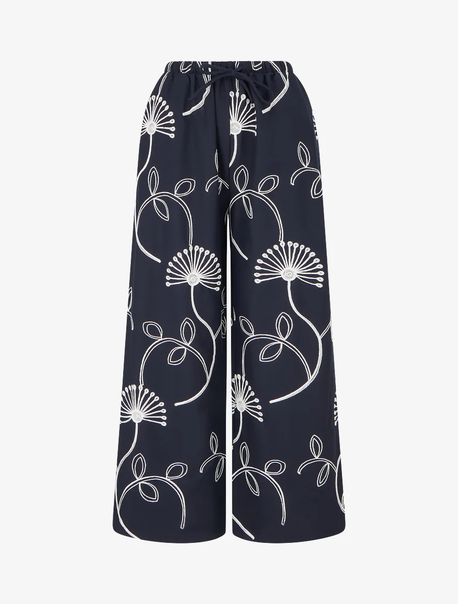 Pantalon ample à broderies florales - Bleu nuit