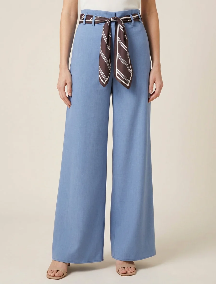 Pantalon ample à ceinture style foulard - Bleu clair - Image 4