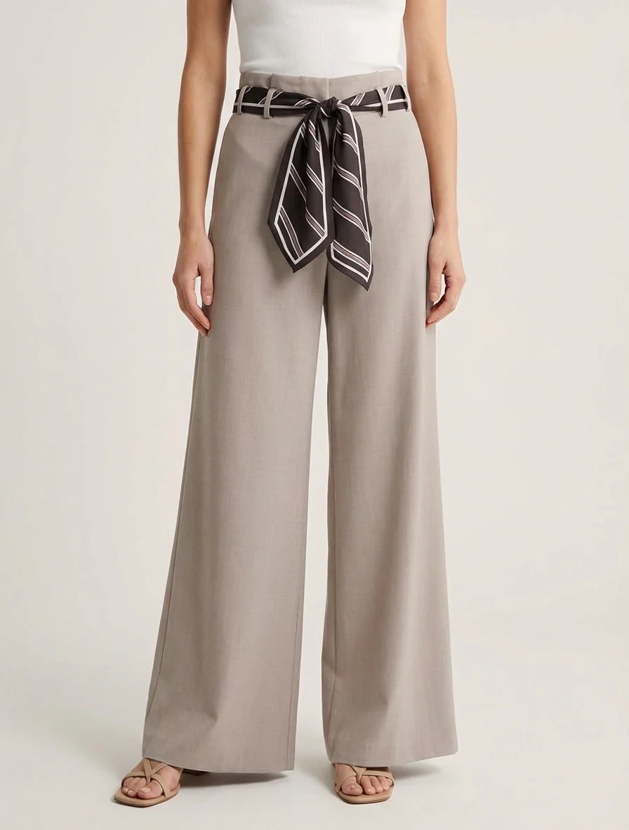Pantalon ample à ceinture style foulard - Taupe clair - Image 4