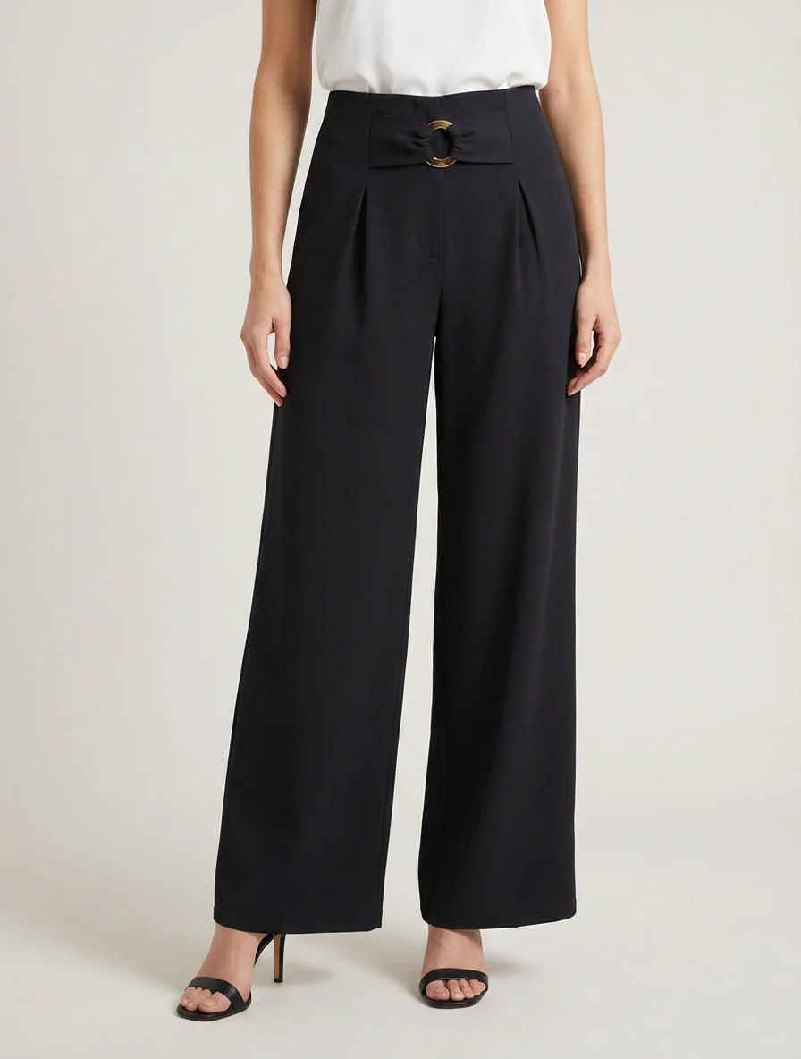 Pantalon ample à taille haute à boucle fantaisie - Noir - Image 4