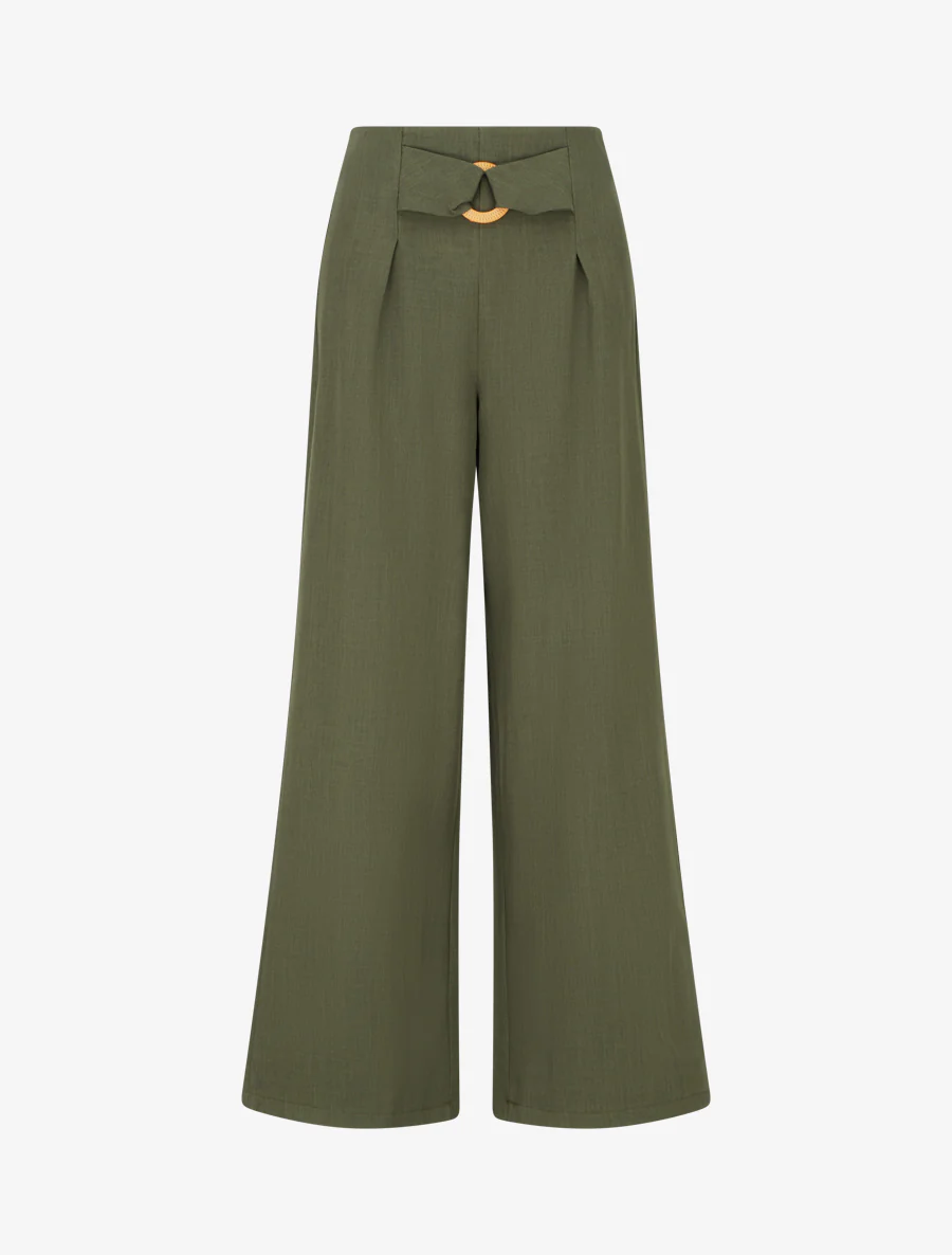 Pantalon ample à taille haute à boucle fantaisie - Kaki
