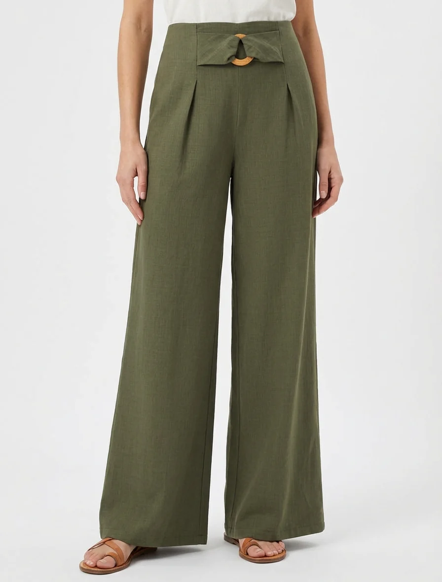 Pantalon ample à taille haute à boucle fantaisie - Kaki - Image 4