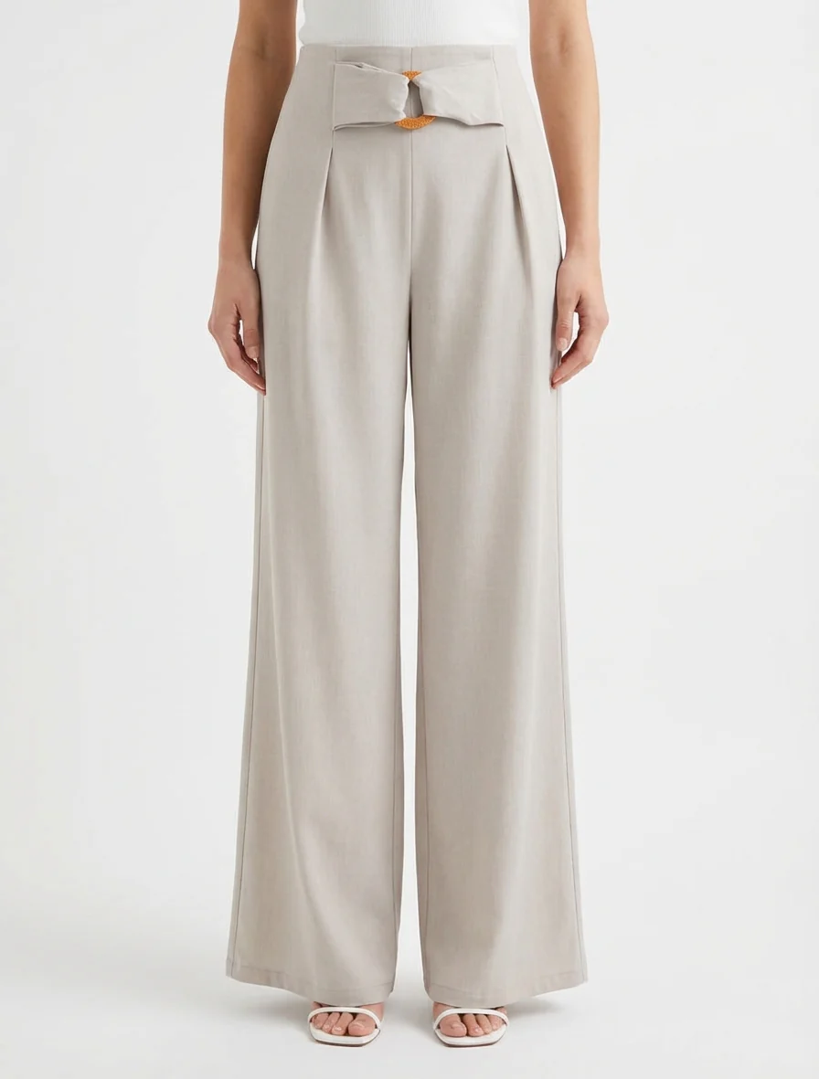 Pantalon ample à taille haute à boucle fantaisie - Beige - Image 4
