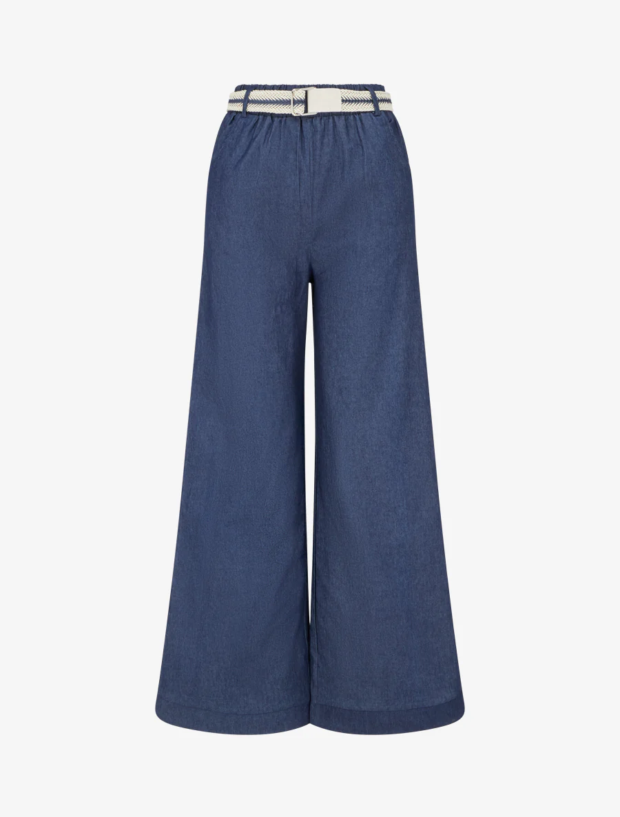 Pantalon ample à taille haute ceinturée - Bleu brut