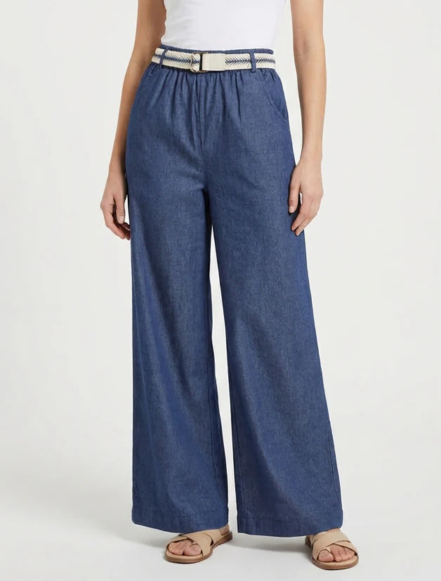 Pantalon ample à taille haute ceinturée - Bleu brut - Image 4