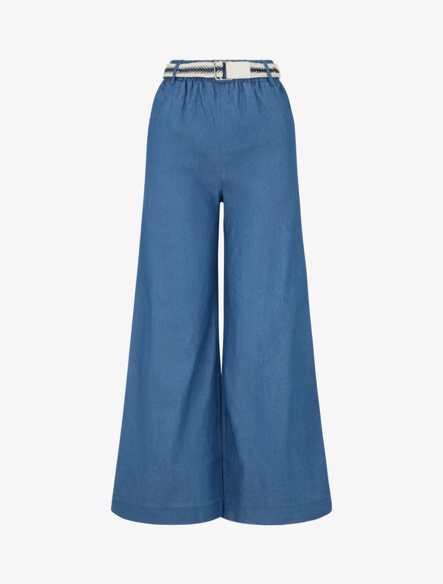 Pantalon ample à taille haute ceinturée - Bleu denim