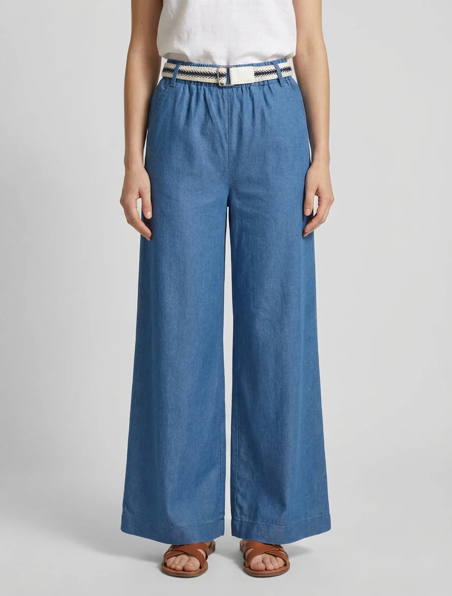 Pantalon ample à taille haute ceinturée - Bleu denim - Image 4