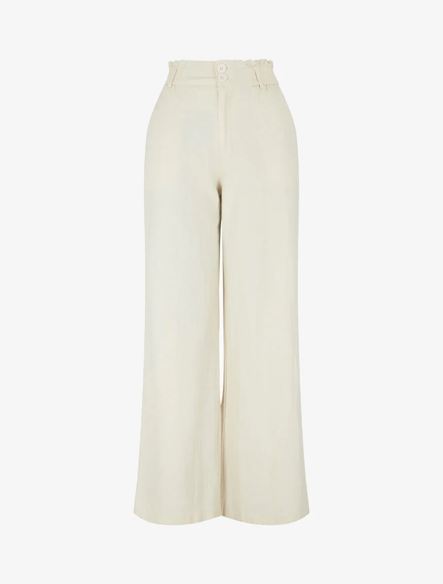 Pantalon ample effet lin à 2 boutons - Beige