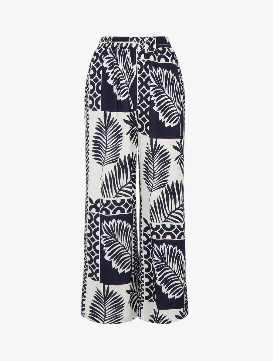 Pantalon ample imprimé feuille de palmier - Marine