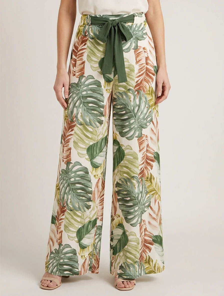 Pantalon ample imprimé tropical - Kaki - Image 4