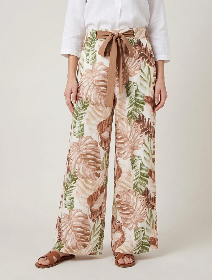 Pantalon ample imprimé tropical - Marron - Image 4