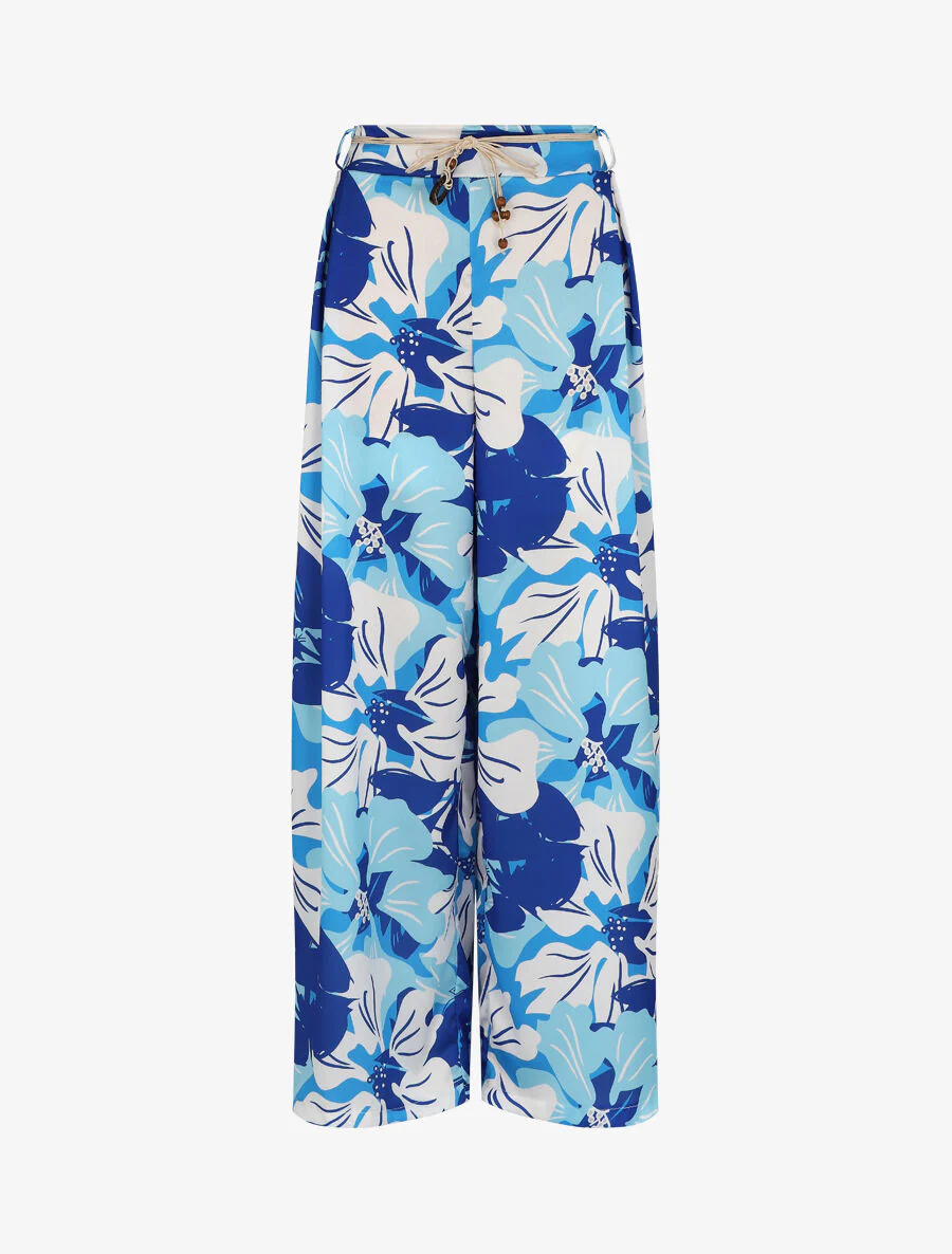 Pantalon ample satiné imprimé hibiscus - Bleu