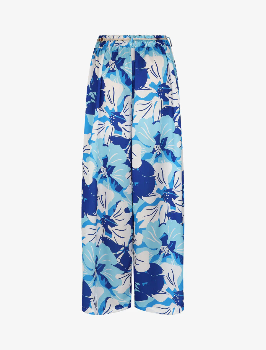 Pantalon ample satiné imprimé hibiscus - Bleu - Image 2