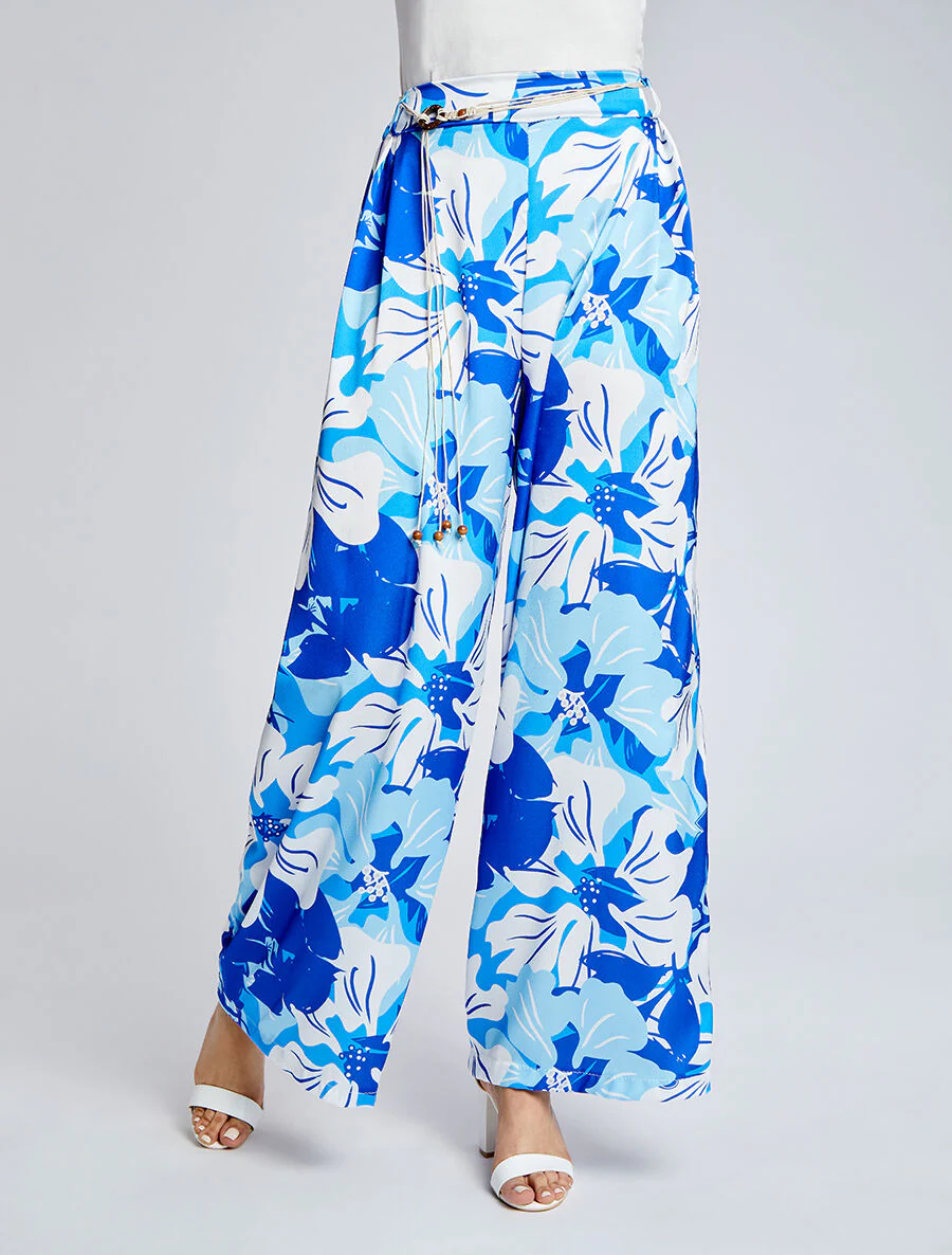 Pantalon ample satiné imprimé hibiscus - Bleu - Image 4