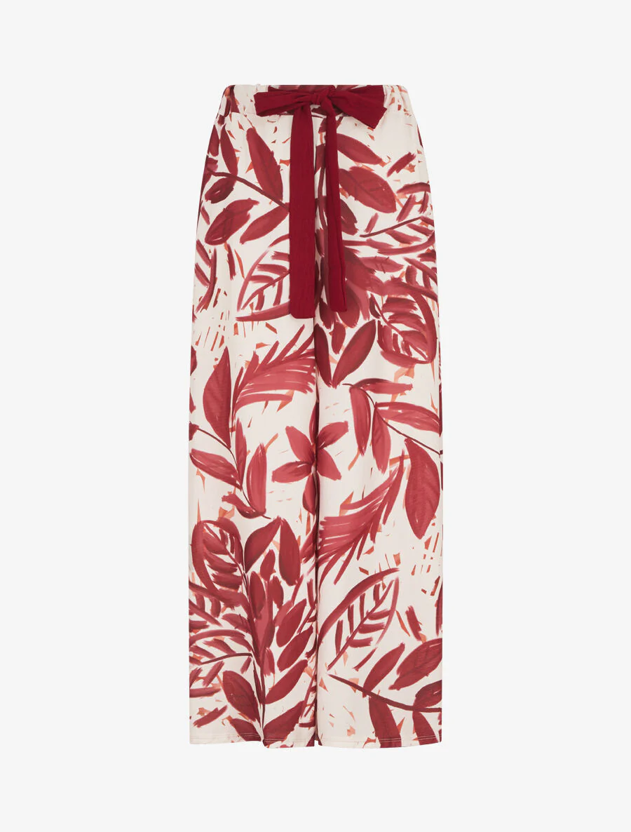 Pantalon ample taille haute imprimé feuilles - Bordeaux
