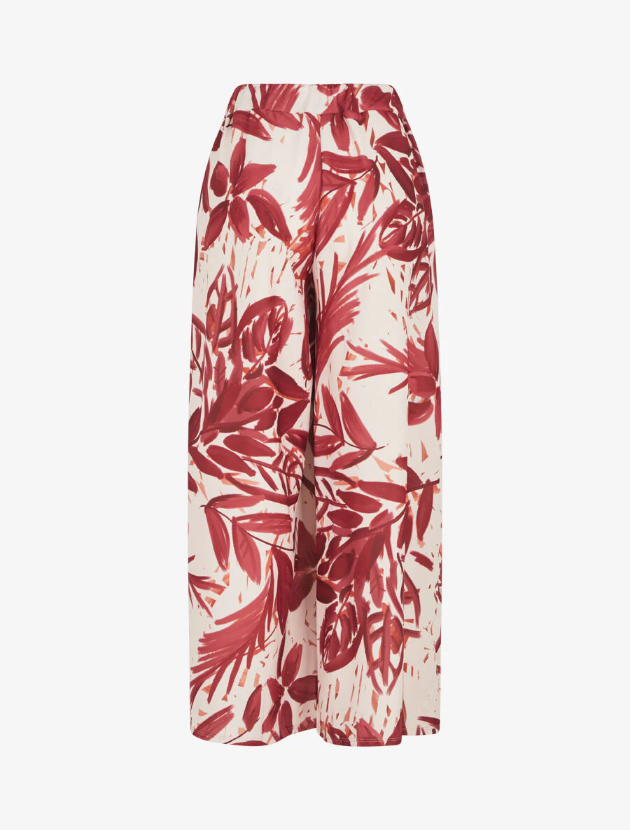 Pantalon ample taille haute imprimé feuilles - Bordeaux - Image 2