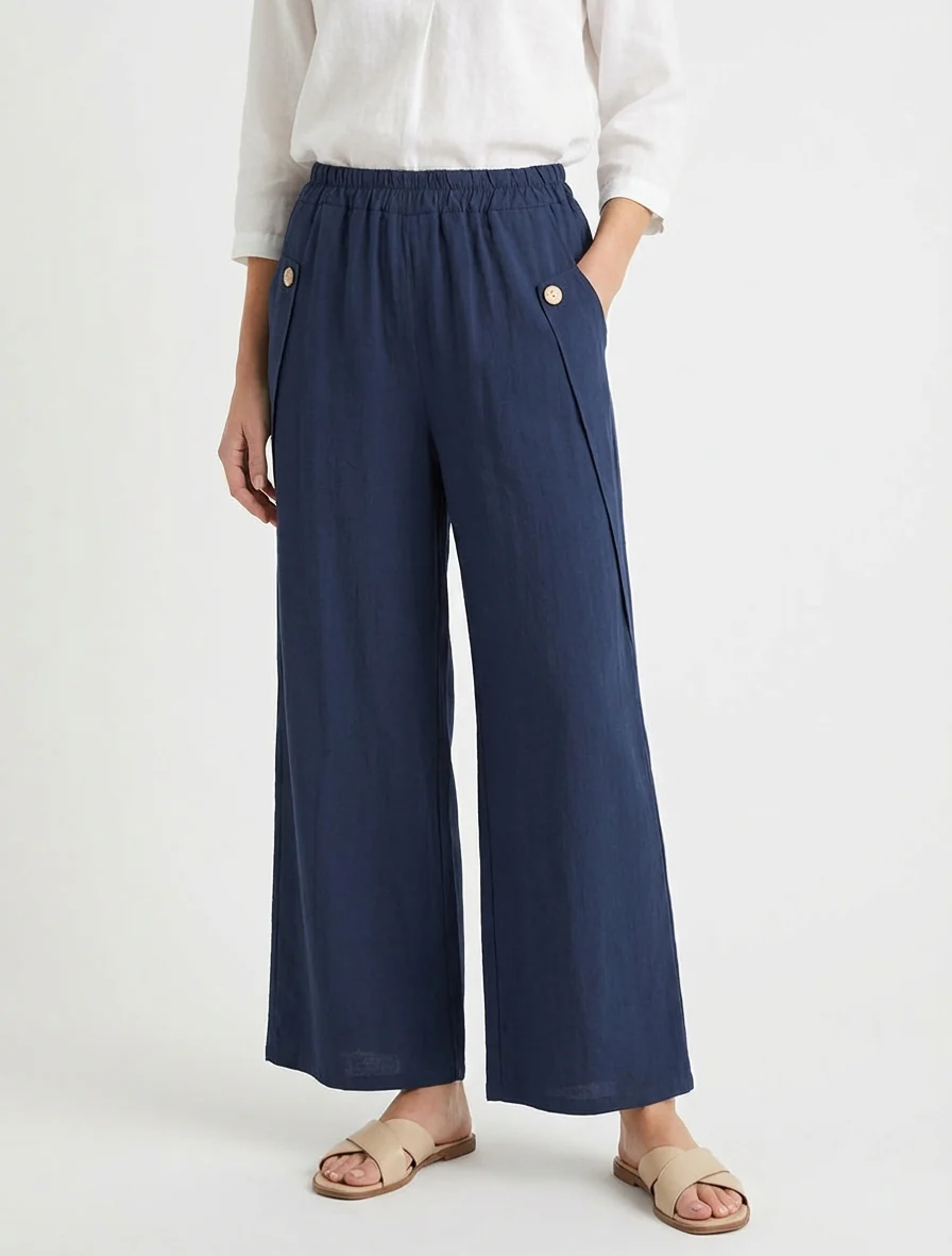 Pantalon ample uni à boutons décoratifs - Marine - Image 4