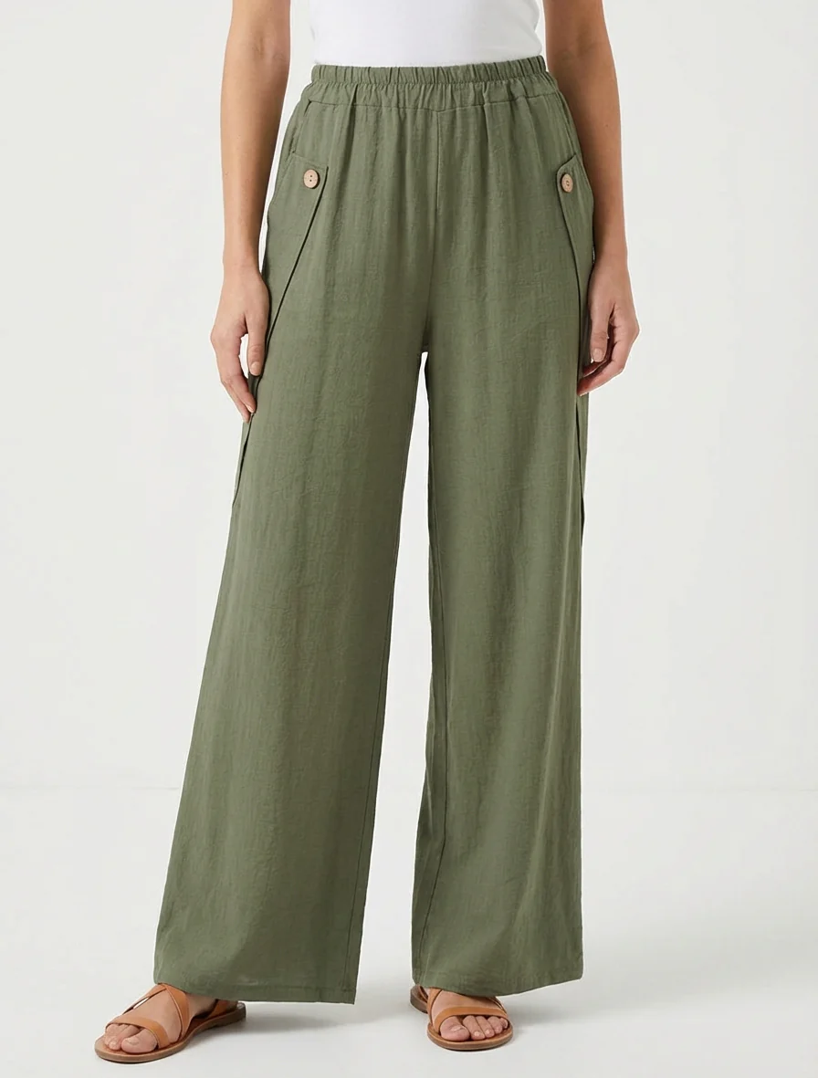 Pantalon ample uni à boutons décoratifs - Kaki - Image 4