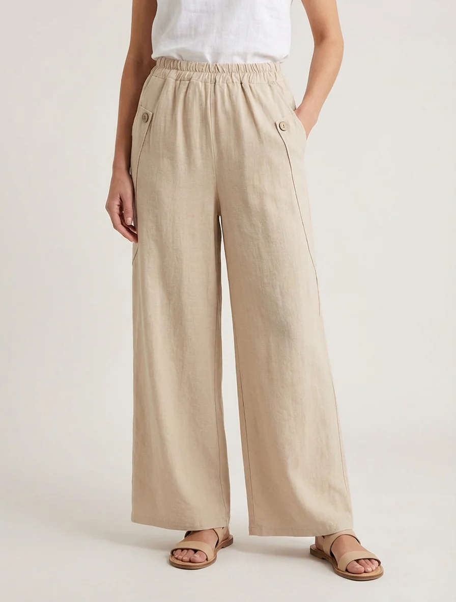Pantalon ample uni à boutons décoratifs - Beige - Image 4