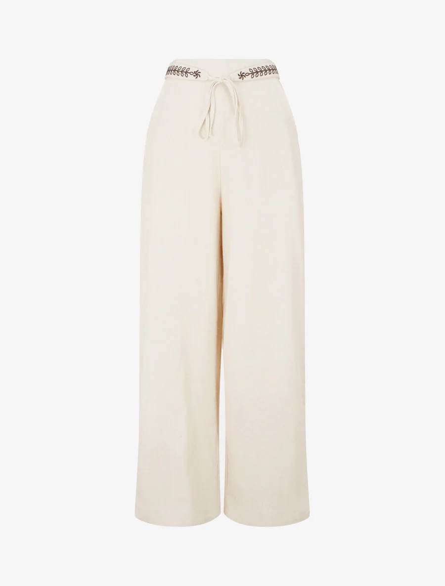 Pantalon ample uni à ceinture brodée - Beige