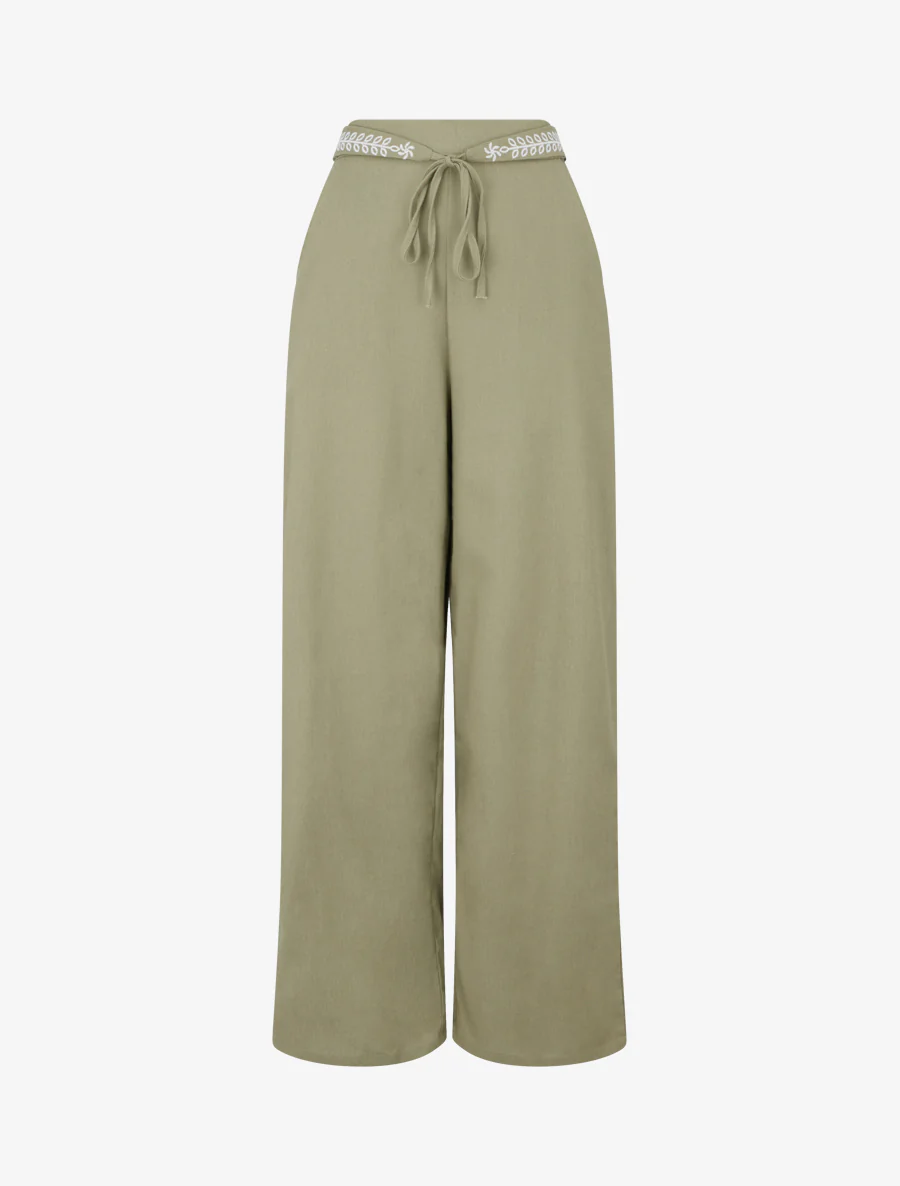 Pantalon ample uni à ceinture brodée - Kaki