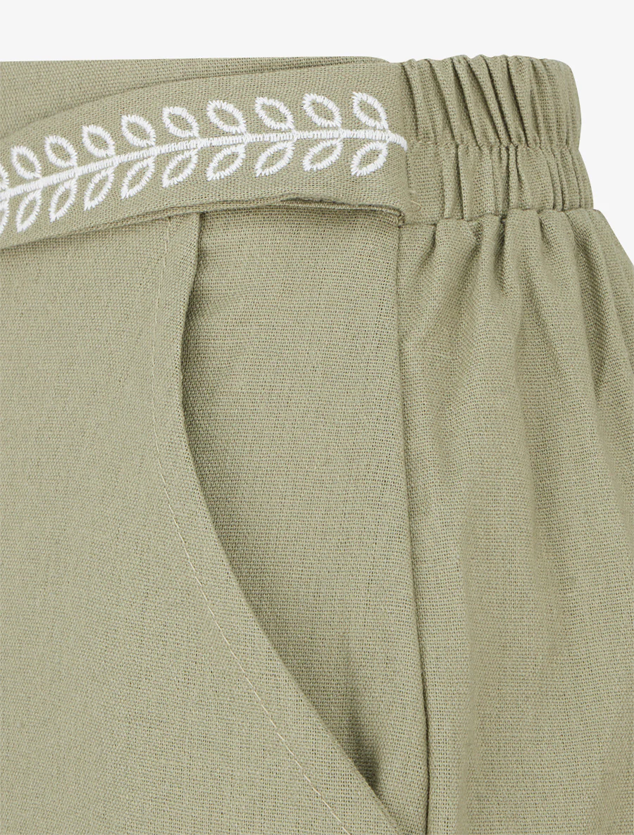 Pantalon ample uni à ceinture brodée - Kaki - Image 3
