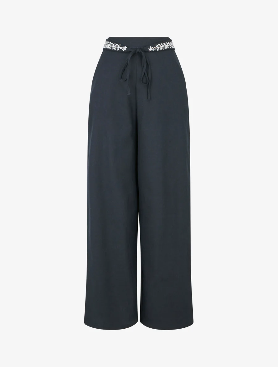 Pantalon ample uni à ceinture brodée - Bleu nuit