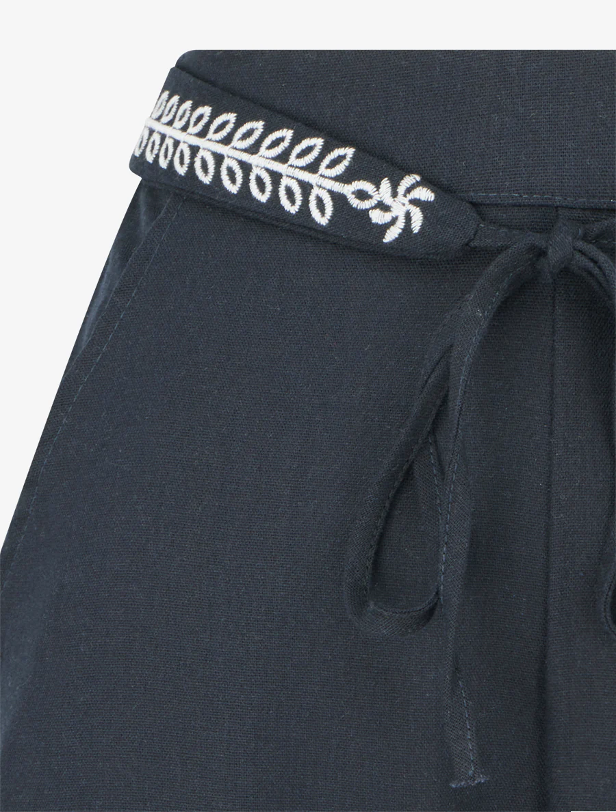 Pantalon ample uni à ceinture brodée - Bleu nuit - Image 3